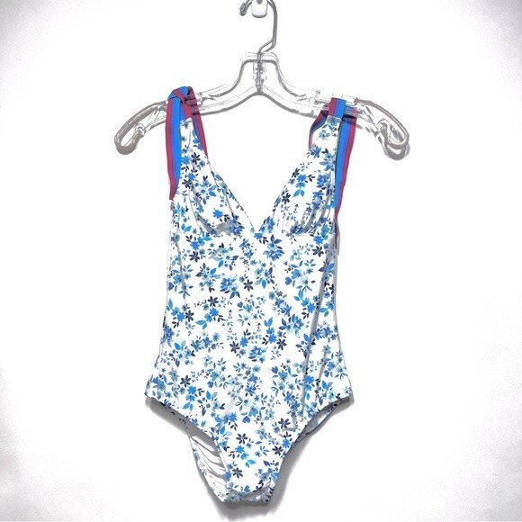 Shoshanna Floral Deep V Tie Strap One Piece Swimsuit White Blue 0 - Picture 3 of 15